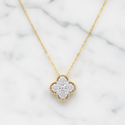 Collier bicolore pendentif trèfle pavage diamants