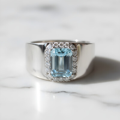 Bague jonc or blanc, aigue marine et entourage diamants