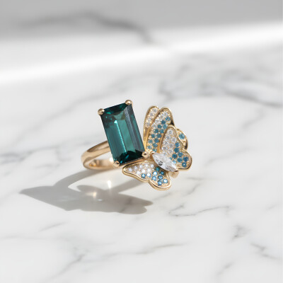 Bague or rose tourmaline verte et diamants