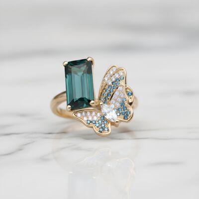 Bague or rose tourmaline verte et diamants