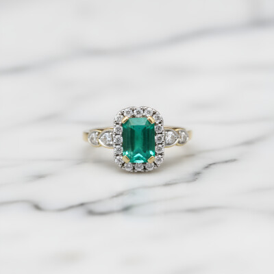 Bague or jaune émeraude et diamants