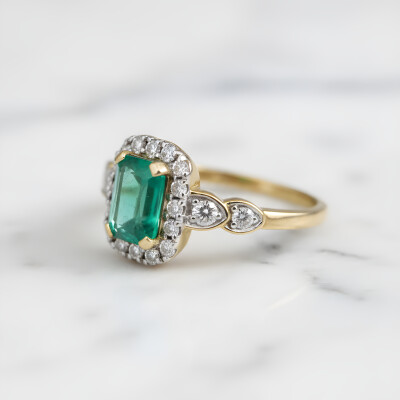 Bague or jaune émeraude et diamants