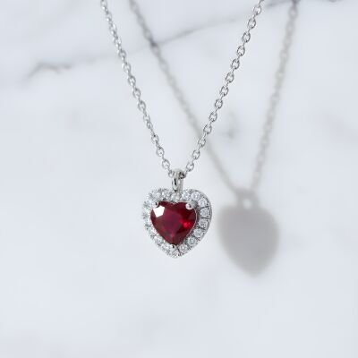 Collier or blanc rubis coeur et diamants