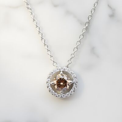 Collier or blanc pendentif or blanc diamant chocolat et entourage diamants