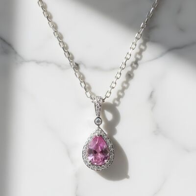 Collier or blanc, pendentif or blanc et saphir rose