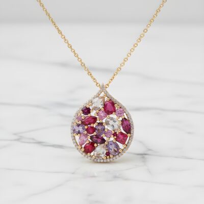 Collier or rose, pendentif or rose et pierres roses