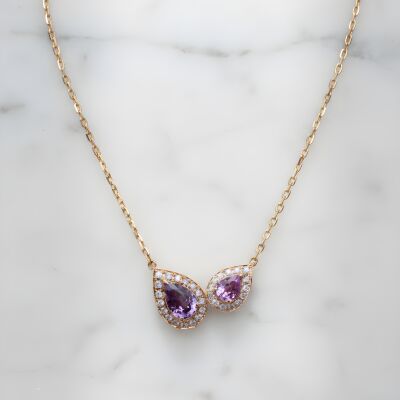 Collier or rose saphir rose, violet taille poire et diamants