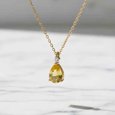 Collier or jaune saphir jaune taille poire et diamant