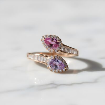 Bague Toi & Moi or rose, saphir rose et violet, diamants