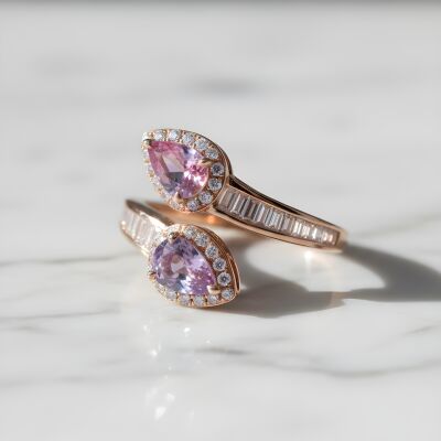 Bague Toi & Moi or rose, saphir rose et violet, diamants