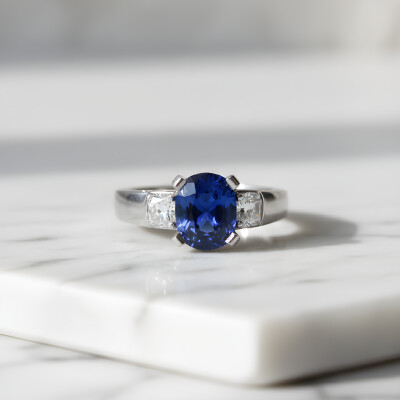 bague or blanc, saphir de Ceylan et diamants