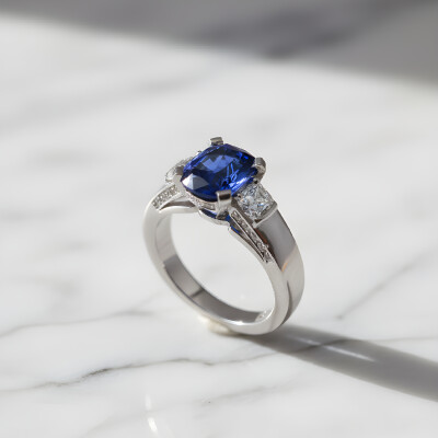 bague or blanc, saphir de Ceylan et diamants