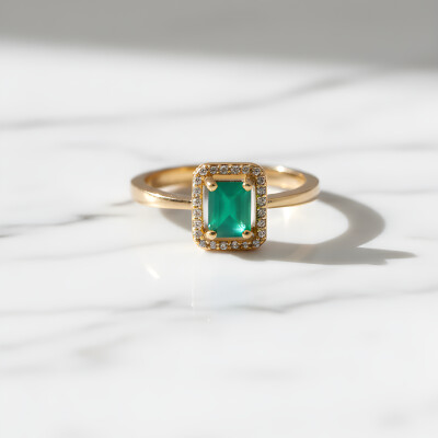 Bague or jaune, agate verte et diamants