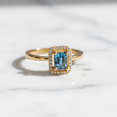 Bague or jaune, topaze blue London et diamants