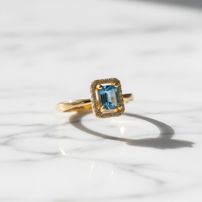 Bague or jaune, topaze blue London et diamants