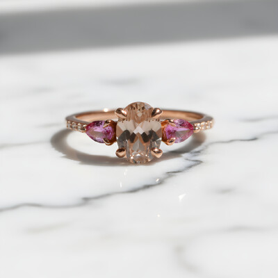 Bague or rose, morganite, saphirs rose et diamants