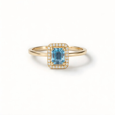 Bague or jaune, topaze blue London et diamants