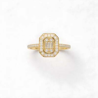 Bague or jaune, baguette diamants à pans