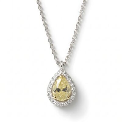 Collier or blanc pendentif or blanc diamant jaune taille poire et entourage diamants