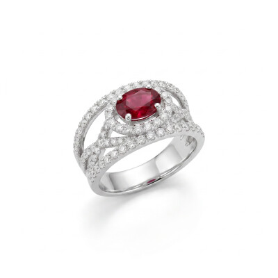 Bague or gris rubis et diamants