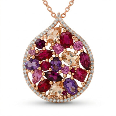 Collier or rose, pendentif or rose et pierres roses