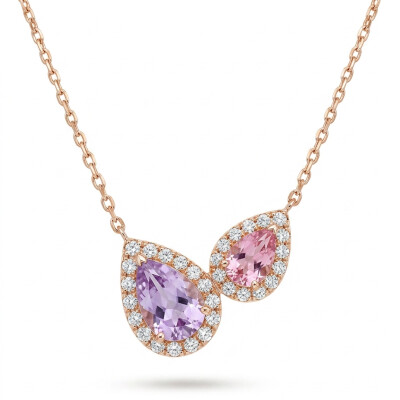 Collier or rose saphir rose, violet taille poire et diamants