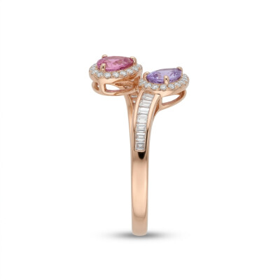Bague Toi & Moi or rose, saphir rose et violet, diamants