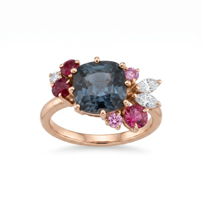 Bague or rose spinelle noir, rubellite, saphir et diamants