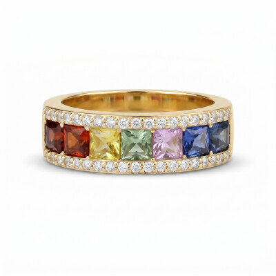 Bague or jaune, saphirs de couleur et diamants