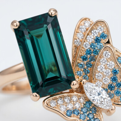 Bague or rose tourmaline verte et diamants