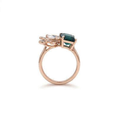Bague or rose tourmaline verte et diamants