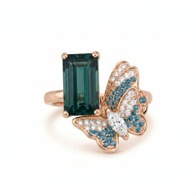 Bague or rose tourmaline verte et diamants