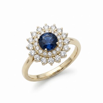 Bague or jaune saphir, double entourage diamants