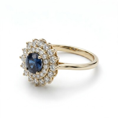 Bague or jaune saphir, double entourage diamants