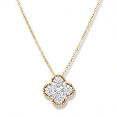 Collier bicolore pendentif trèfle pavage diamants