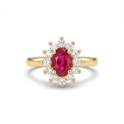 Bague or jaune, rubis et entourage diamants