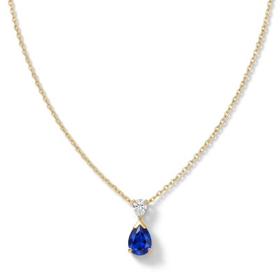 Pendentif or jaune saphir taille poire et diamant taille poire