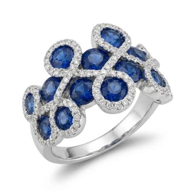 Bague or blanc, saphirs bleus et diamants