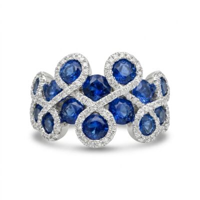 Bague or blanc, saphirs bleus et diamants