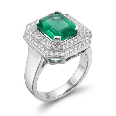 Bague or blanc, émeraude et diamants