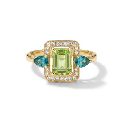 Bague or jaune péridot, entourage émeraudes et diamants