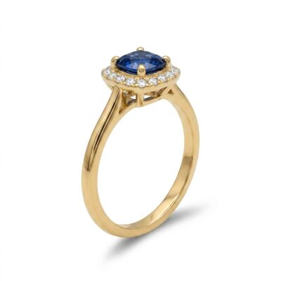Bague or jaune, saphir et entourage diamants