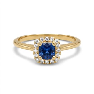 Bague or jaune, saphir et entourage diamants