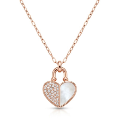 Collier or rose coeur nacre et diamants