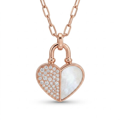 Collier or rose coeur nacre et diamants