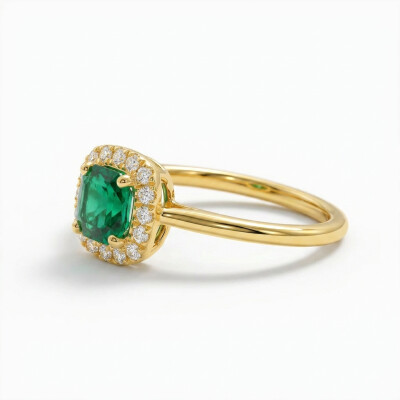 Bague or jaune, émeraude entourage diamants