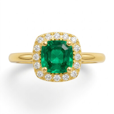 Bague or jaune, émeraude entourage diamants