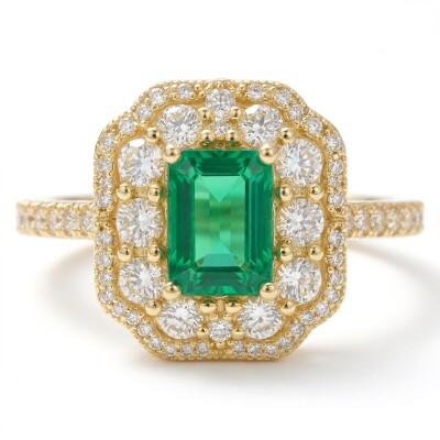 Bague or jaune, émeraude et diamants