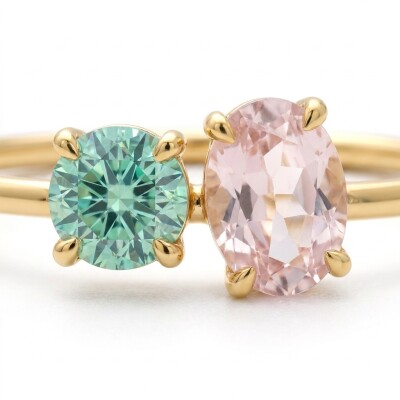 Bague or jaune, saphirs vert et rose pale
