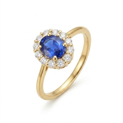 Bague or jaune, saphir entourage diamants